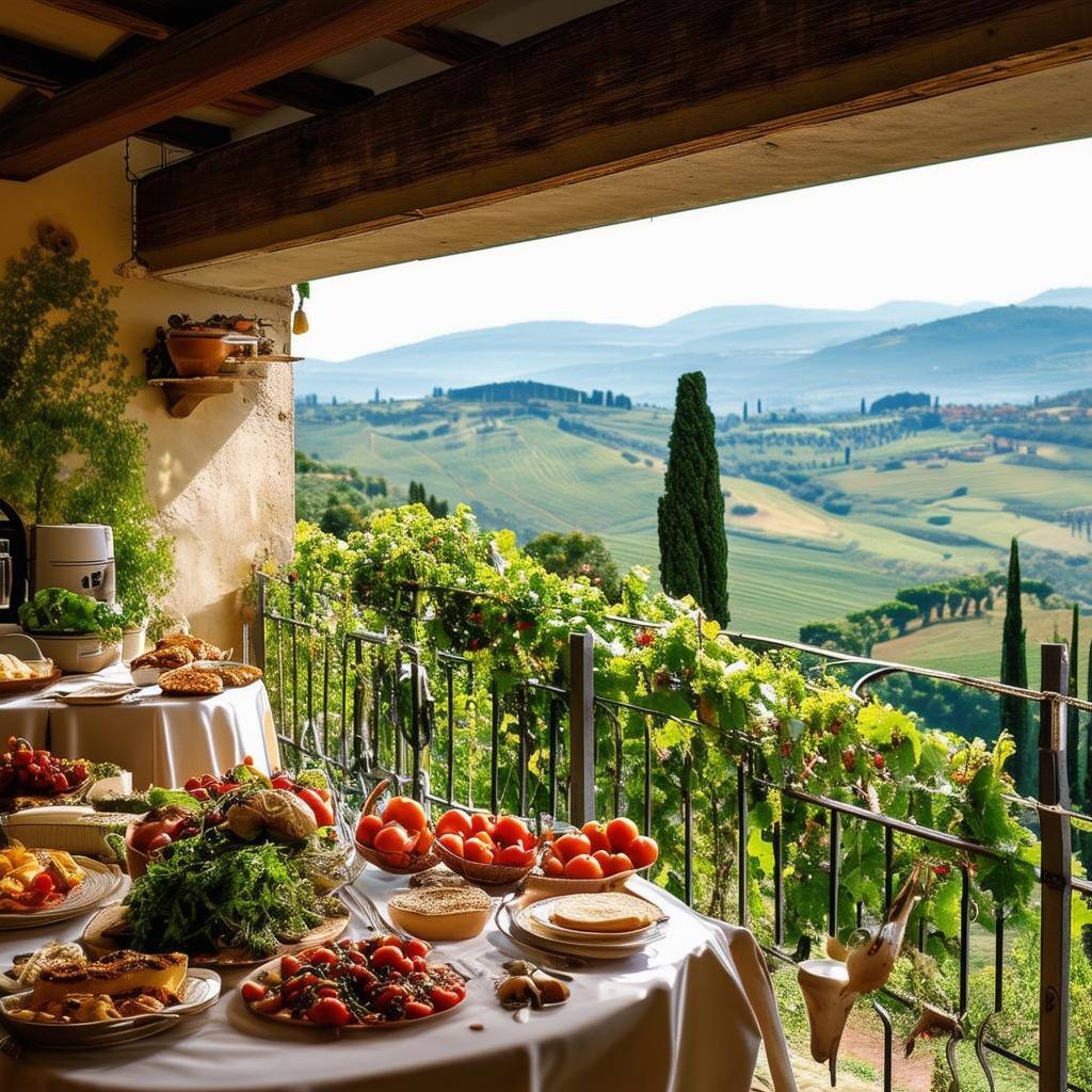 A detailed image of Italian cuisine, set in a family agritourismo on a balcony overlooking the Florentine hills