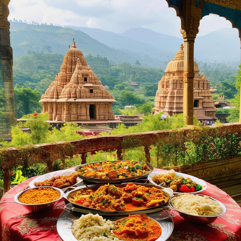 A photograph of a table filled with Indian cuisine, set in the beautiful Indian countryside in front of a Hindu temple