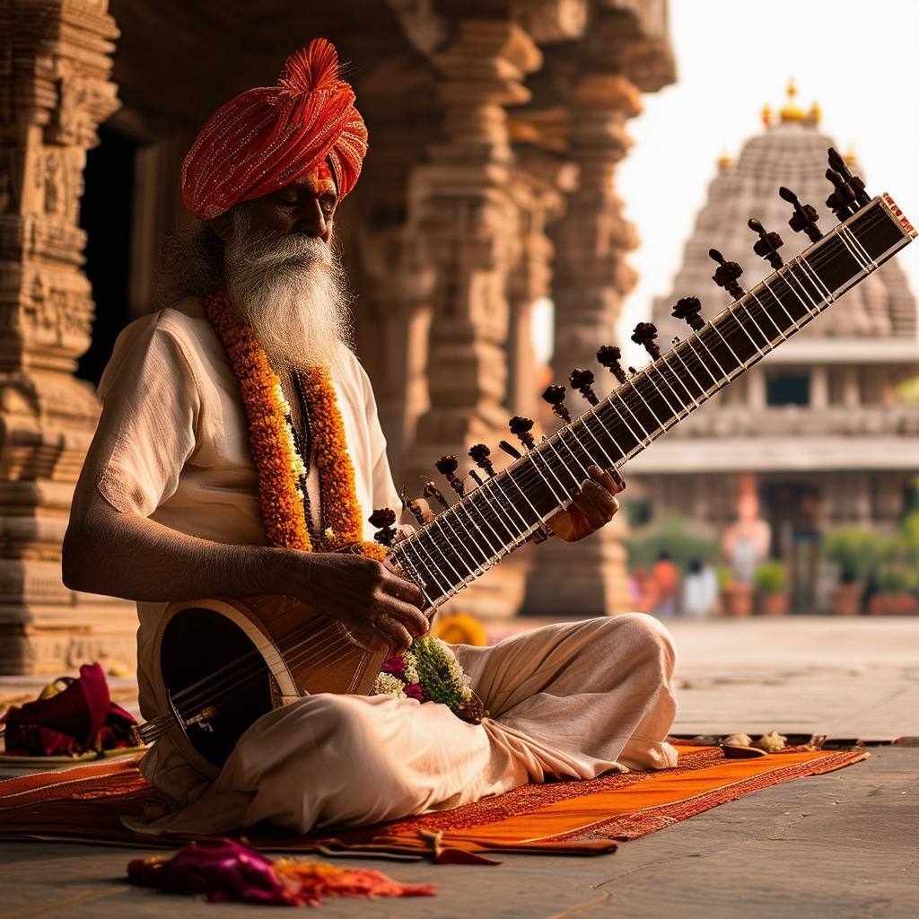 A photograph of an Indian yogi playing sitar in front of a Hindu temple