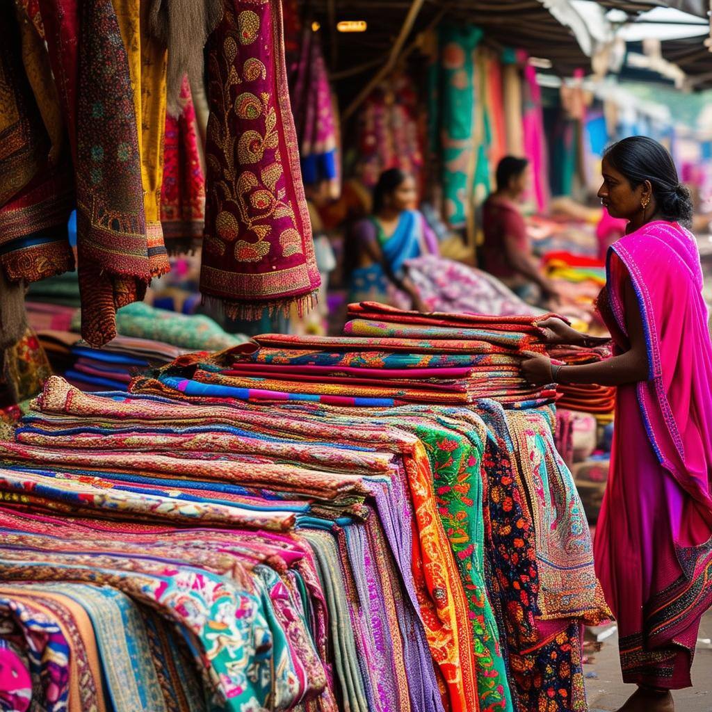 A photograph of an indian textile market, showing the rich and colourful textile traditions of the region