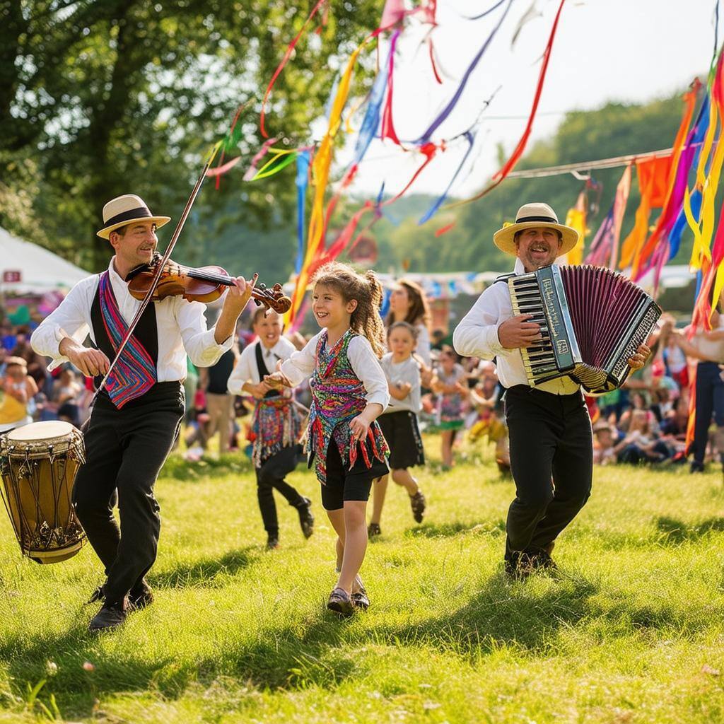 The image captures a vibrant scene of a lively folk music festival set in a sunlit meadow