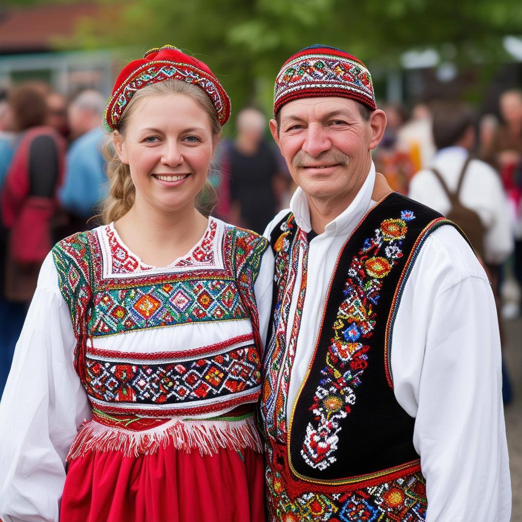 a photograph of a couple in traditional slavic dress at a community event