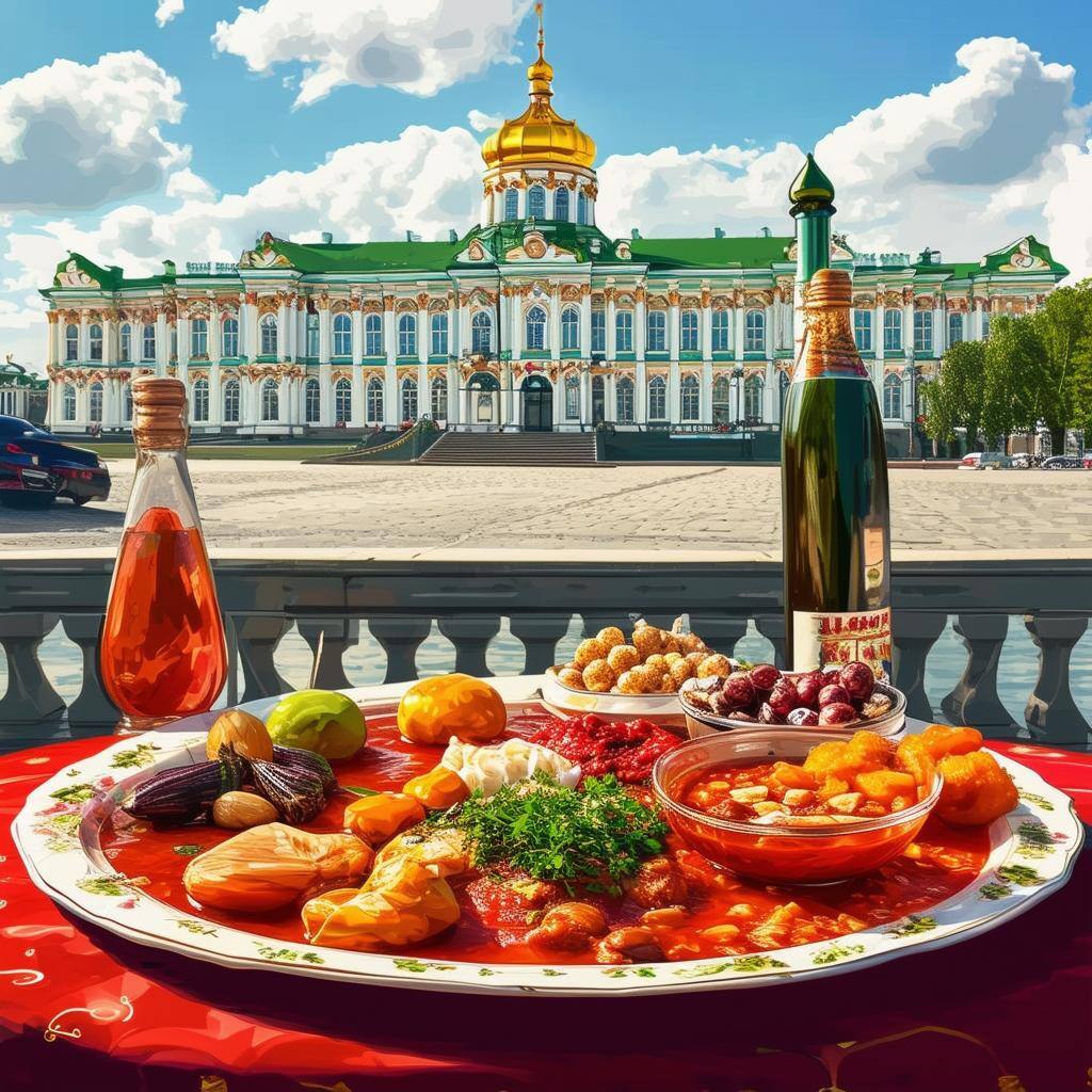 a platter of Russian food, including Borsch and other notable ingredients, on a table in front of St Petersburg palace