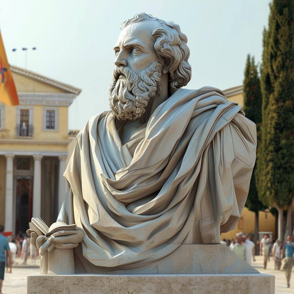 a sculpture of Socrates set in a town square in Ancient Greece